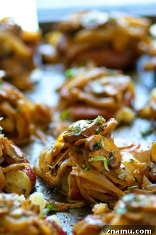 Crispy Smashed Potatoes with Balsamic Caramelized Onion & Mushroom 3 Crispy Smashed Potatoes with Balsamic Caramelized Onion Mushroom Sauce - A perfect blend of texture and rich flavor.