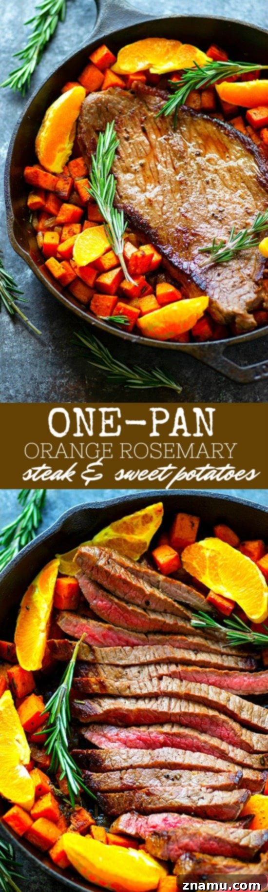 Overhead shot of One-Pan Orange Rosemary Steak and Sweet Potatoes in a skillet - Juicy oranges and fragrant rosemary join forces in this weeknight-friendly one-pan orange rosemary steak roasted with tender sweet potatoes in an incredible orange rosemary sauce!