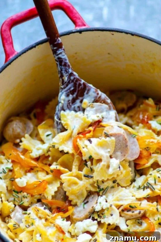 Caramelized Onion and Sausage Farfalle with Creamy Chèvre 2 A beautifully plated dish of creamy goat cheese bow ties with visible caramelized onions and sausage pieces, ready to be served.