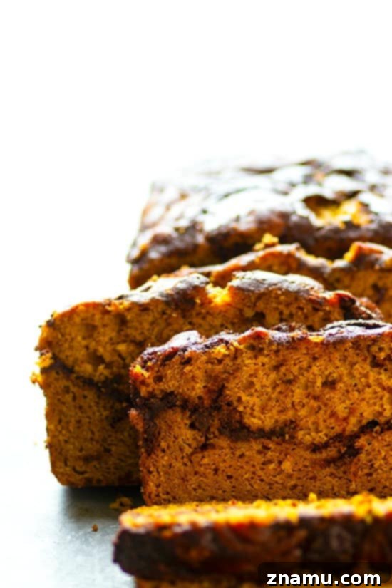 Marbled Mocha Pumpkin Bread 2 Delicious Pumpkin Mocha Swirl Quick Bread with a rich chocolate and coffee swirl, sliced to show its moist texture.