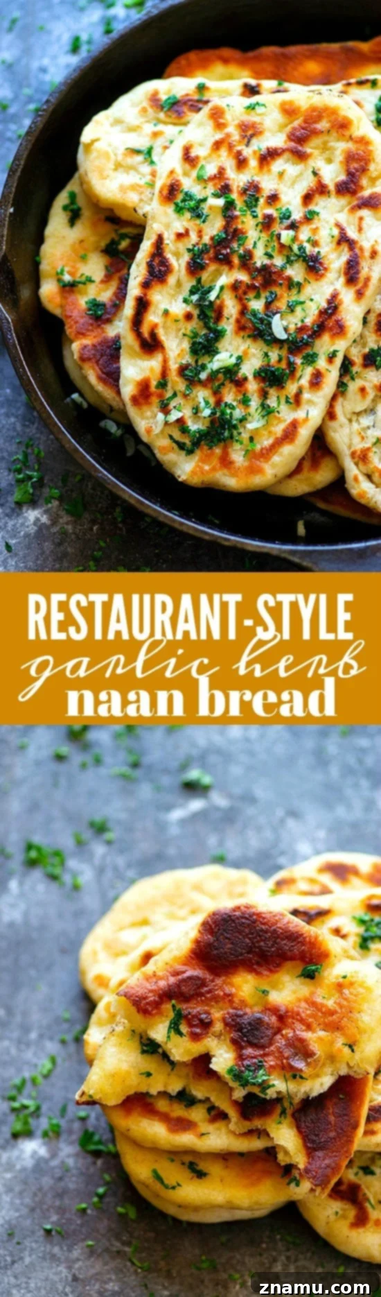 Restaurant-Style Garlic Herb Naan Bread - Impossibly soft and pillowy restaurant-style garlic herb naan bread is SUPER easy to make at home and the best side to any curry or rice dish!
