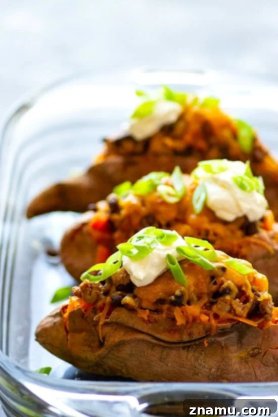 Loaded Turkey Chili Sweet Potato Boats 3 Close-up of a loaded Turkey Chili Twice-Baked Sweet Potato, showing melted cheddar cheese and vibrant green onions.