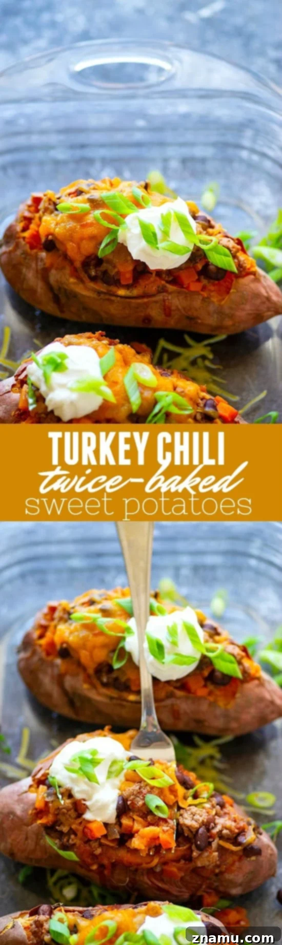 Loaded Turkey Chili Sweet Potato Boats 6 Overhead shot of Turkey Chili Twice-Baked Sweet Potatoes, displaying colorful toppings and inviting presentation.