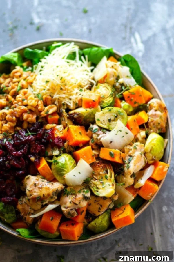Honey-Glazed Rosemary Chicken with Autumn Harvest Salad 2 Honey Rosemary Roast Chicken Spinach Salad with juicy roast chicken, toasted nuts, dried cranberries, and roasted autumn vegetables