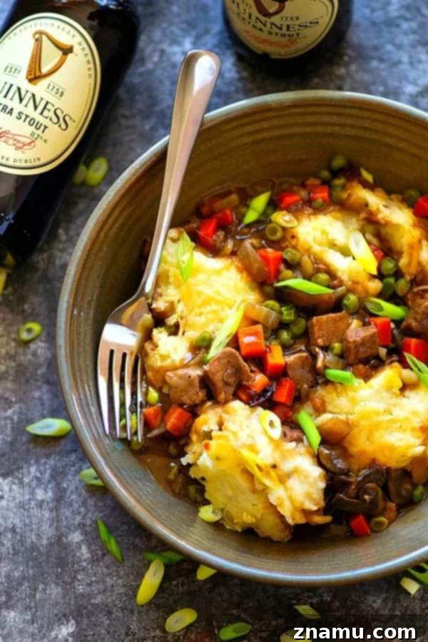 Guinness Shiitake Beef Shepherd's Pie 2 Guinness Shiitake Mushroom Steak Shepherd's Pie - Dark guinness beer, tender shiitake mushrooms, and juicy steak transform a classic comfort food into a SUPER cozy dinner that will find a permanent spot on the dinner menu!