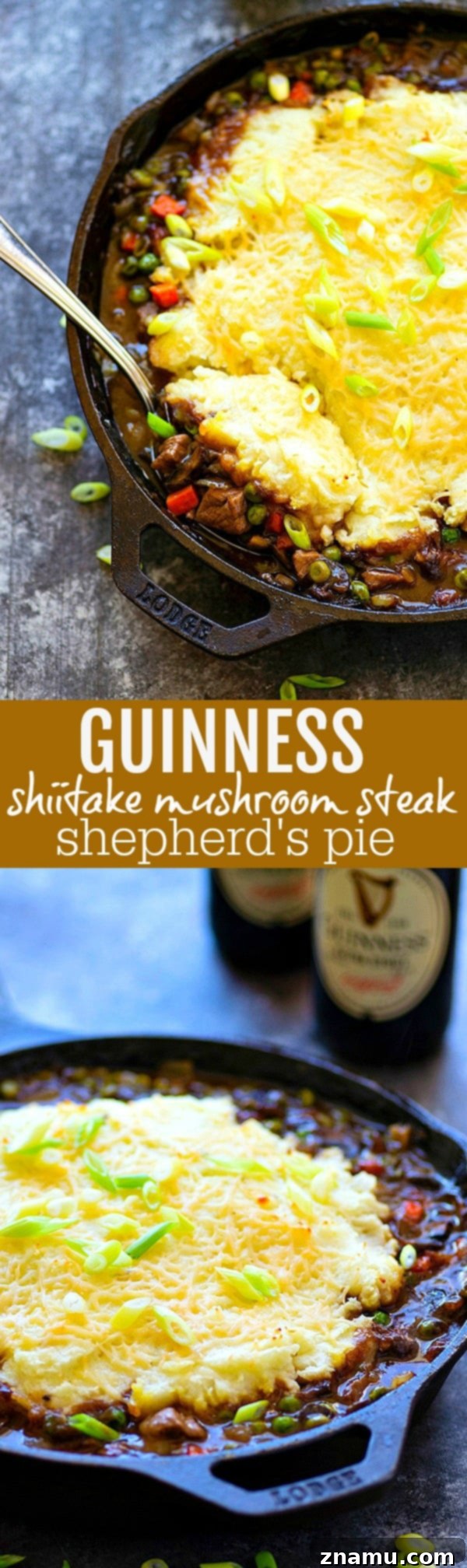 Guinness Shiitake Beef Shepherd's Pie 6 Guinness Shiitake Mushroom Steak Shepherd's Pie - Dark guinness beer, tender shiitake mushrooms, and juicy steak transform a classic comfort food into a SUPER cozy dinner that will find a permanent spot on the dinner menu!