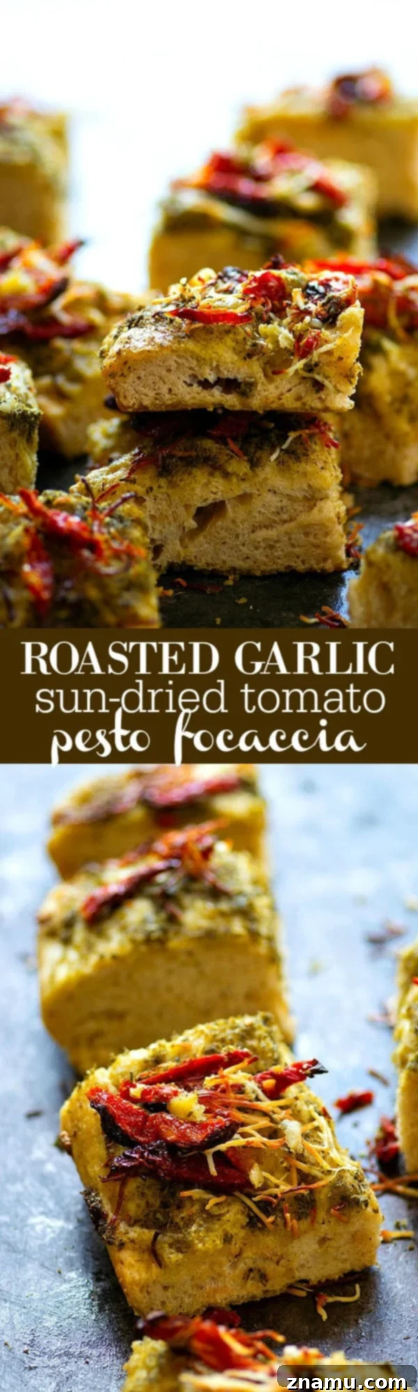 A slice of Roasted Garlic Sun-Dried Tomato Pesto Focaccia, ready to be enjoyed