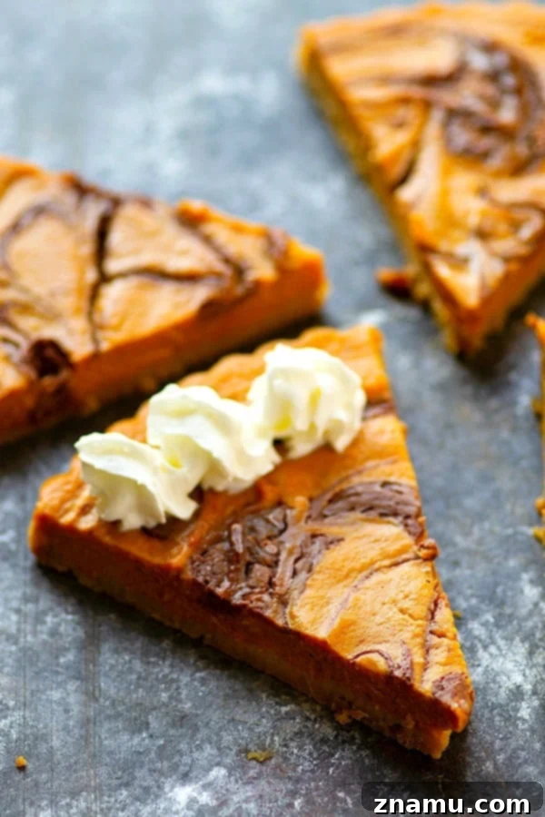 Milk Chocolate Swirled Pumpkin Tart 4 Top-down view of Milk Chocolate Swirl Pumpkin Tart ready for slicing
