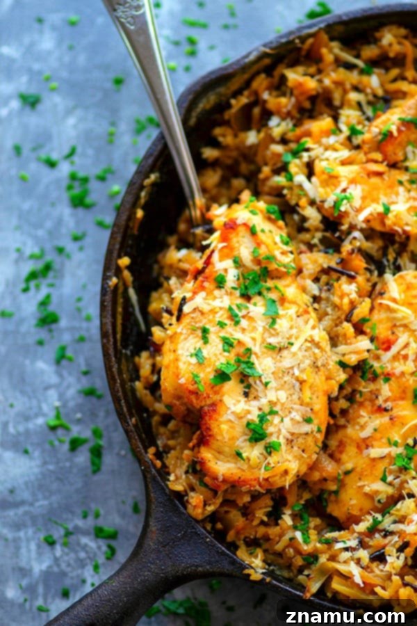 Full skillet of One-Pot Caramelized Onion Chicken Wild Rice - A rustic and inviting meal, cooked to perfection in a single pan.