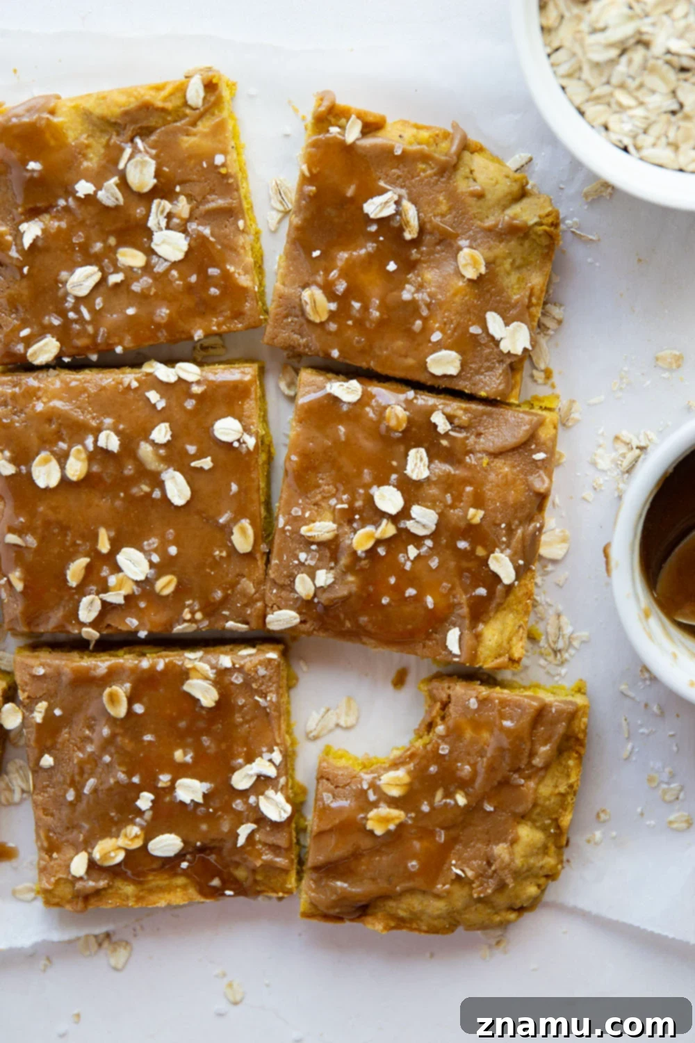 Salted Caramel Drizzled Pumpkin Oat Shortbread Bars 4 Soft and buttery oatmeal pumpkin shortbread bars with a salty caramel sauce drizzled on top are the ultimate fall treat!