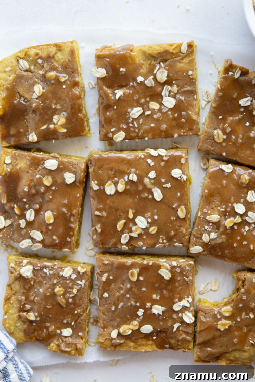 Salted Caramel Drizzled Pumpkin Oat Shortbread Bars 6 Soft and buttery oatmeal pumpkin shortbread bars with a salty caramel sauce drizzled on top are the ultimate fall treat!