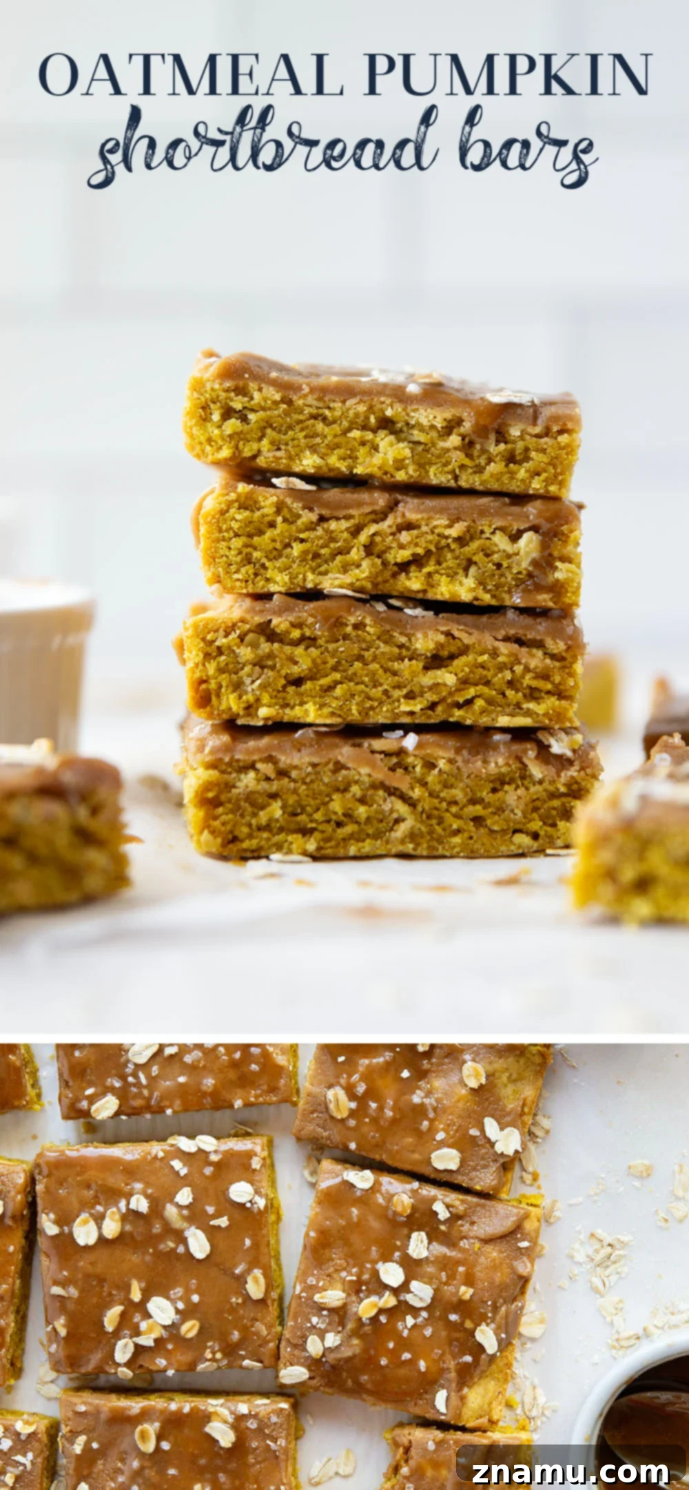 Salted Caramel Drizzled Pumpkin Oat Shortbread Bars 7 Soft and buttery oatmeal pumpkin shortbread bars with a salty caramel sauce drizzled on top are the ultimate fall treat!