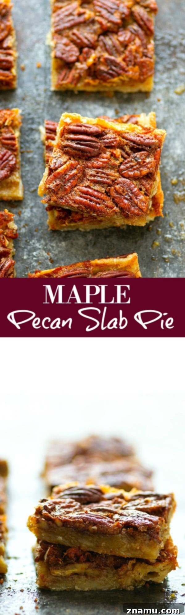 Golden Maple Pecan Slab 6 Full sheet pan of baked Maple Pecan Slab Pie, glistening with maple syrup