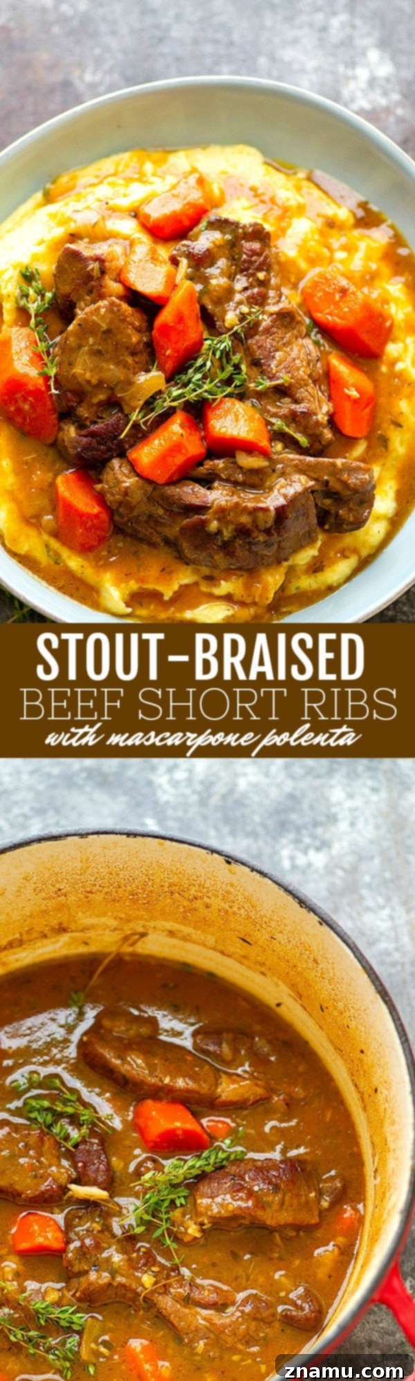 Fork-Tender Stout Ribs with Velvety Mascarpone Polenta 6 A full plate of stout-braised beef short ribs with mascarpone polenta and fresh herbs.