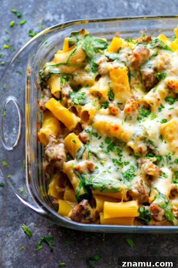 Creamy Alfredo Sausage and Spinach Ziti Bake 2 Baked Spinach White Alfredo Sausage Ziti with creamy sauce and golden top