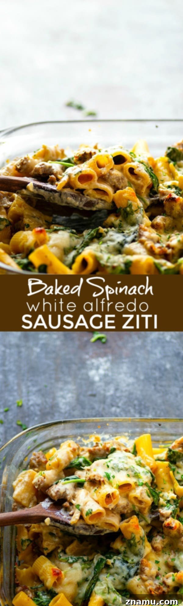 Creamy Alfredo Sausage and Spinach Ziti Bake 6 Dish of Baked Spinach White Alfredo Sausage Ziti ready to eat