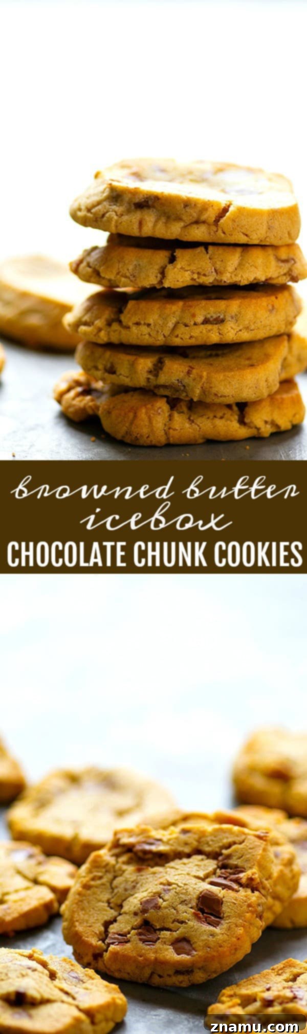 A stack of delicious Browned Butter Icebox Chocolate Chunk Cookies on a festive plate, ready to be enjoyed.
