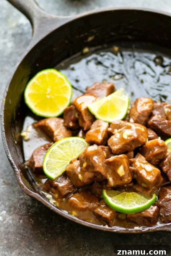 Zesty Sweet Garlic Steak Bites 3 Garlic Honey Lime Steak Bites - A tangy, garlicky honey lime sauce coats every inch of these addicting garlic honey lime steak bites! Perfect for an easy appetizer or pile them over hot rice for a full meal!