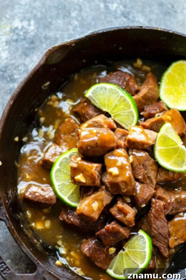 Zesty Sweet Garlic Steak Bites 4 Garlic Honey Lime Steak Bites - A tangy, garlicky honey lime sauce coats every inch of these addicting garlic honey lime steak bites! Perfect for an easy appetizer or pile them over hot rice for a full meal!