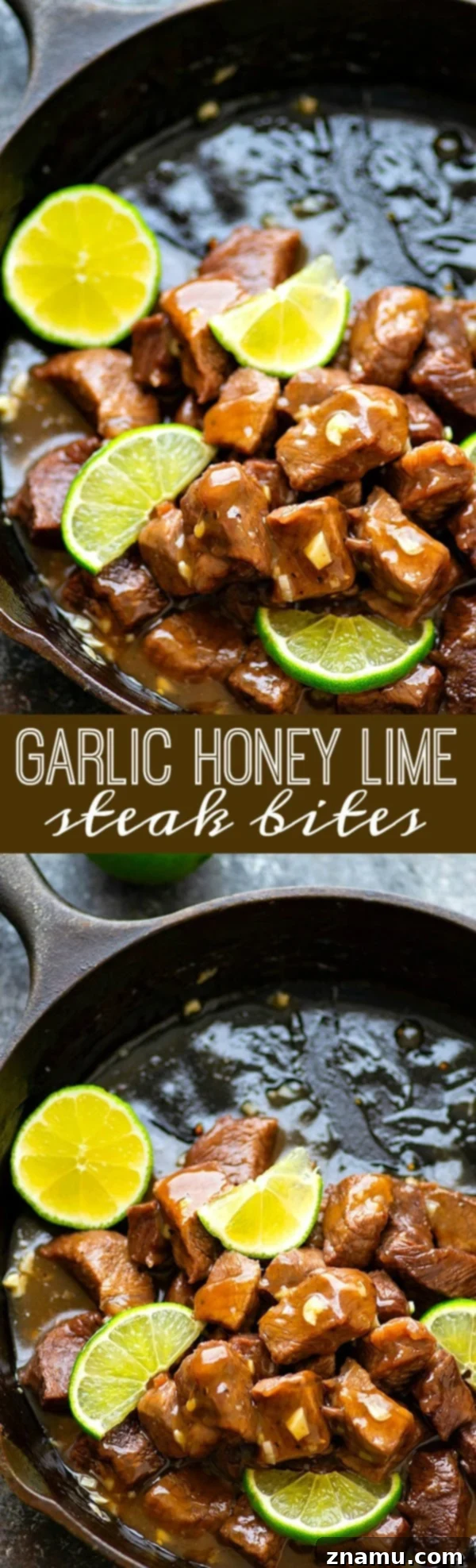 Zesty Sweet Garlic Steak Bites 6 Garlic Honey Lime Steak Bites - A tangy, garlicky honey lime sauce coats every inch of these addicting garlic honey lime steak bites! Perfect for an easy appetizer or pile them over hot rice for a full meal!