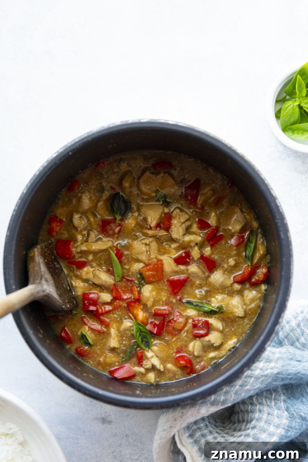 Guilt-Free Instant Pot Thai Basil Chicken 2 Lighter on the calories and made completely in the instant pot, this Thai basil chicken is loaded with fresh basil flavor, soft sweet peppers, and tender chicken cubes.