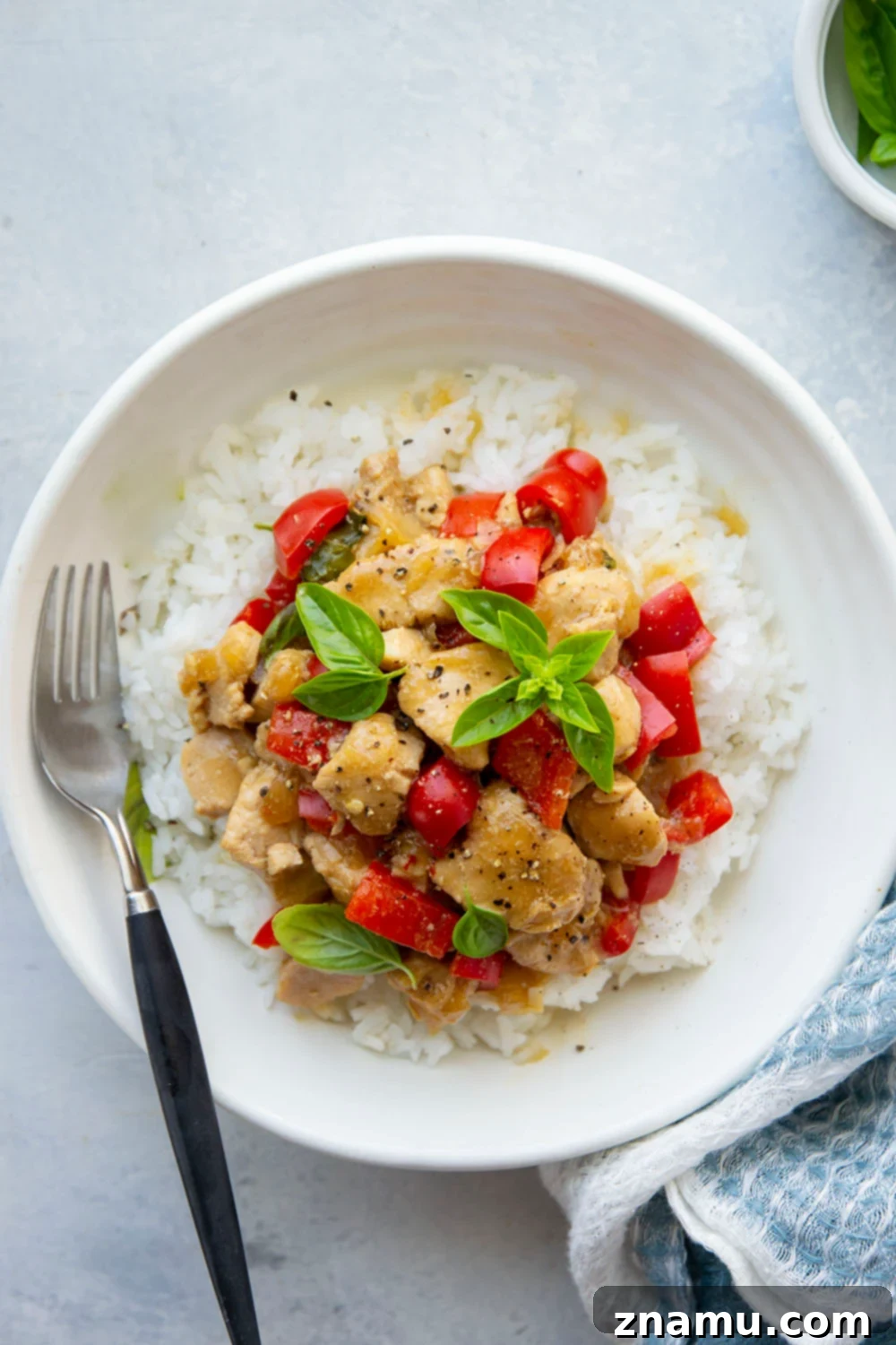 Guilt-Free Instant Pot Thai Basil Chicken 3 Lighter on the calories and made completely in the instant pot, this Thai basil chicken is loaded with fresh basil flavor, soft sweet peppers, and tender chicken cubes.