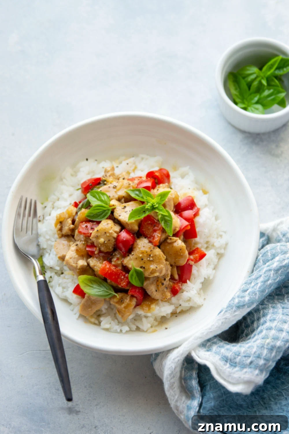 Guilt-Free Instant Pot Thai Basil Chicken 4 Lighter on the calories and made completely in the instant pot, this Thai basil chicken is loaded with fresh basil flavor, soft sweet peppers, and tender chicken cubes.