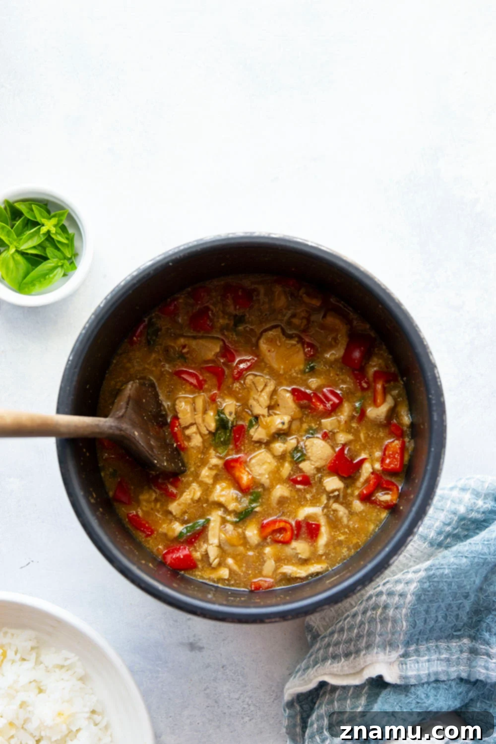 Guilt-Free Instant Pot Thai Basil Chicken 5 Lighter on the calories and made completely in the instant pot, this Thai basil chicken is loaded with fresh basil flavor, soft sweet peppers, and tender chicken cubes.