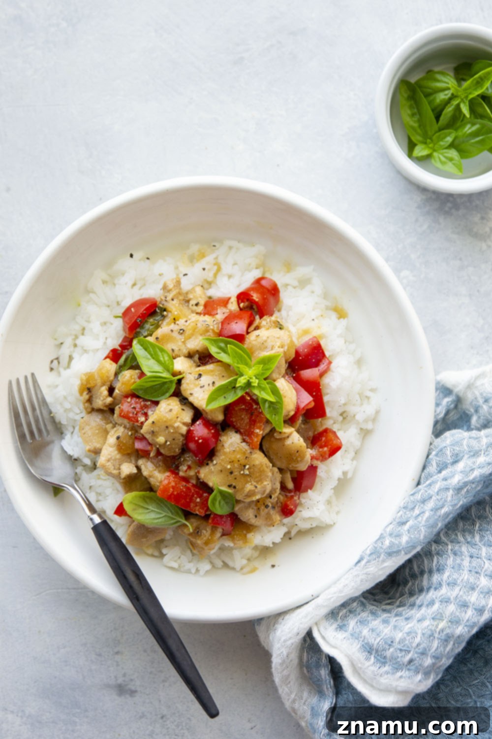 Guilt-Free Instant Pot Thai Basil Chicken 6 Lighter on the calories and made completely in the instant pot, this Thai basil chicken is loaded with fresh basil flavor, soft sweet peppers, and tender chicken cubes.