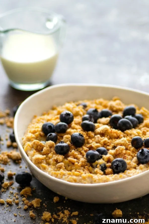 Blueberry Muffin Crumble Steel-Cut Oats 3 Close-up of a bowl of Blueberry Muffin Streusel Steel-Cut Oatmeal, showcasing the creamy texture and topping