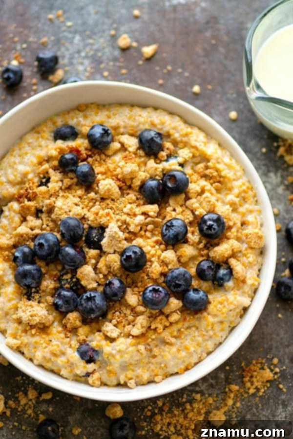 Blueberry Muffin Crumble Steel-Cut Oats 4 A vibrant bowl of blueberry streusel oatmeal, ready to be enjoyed