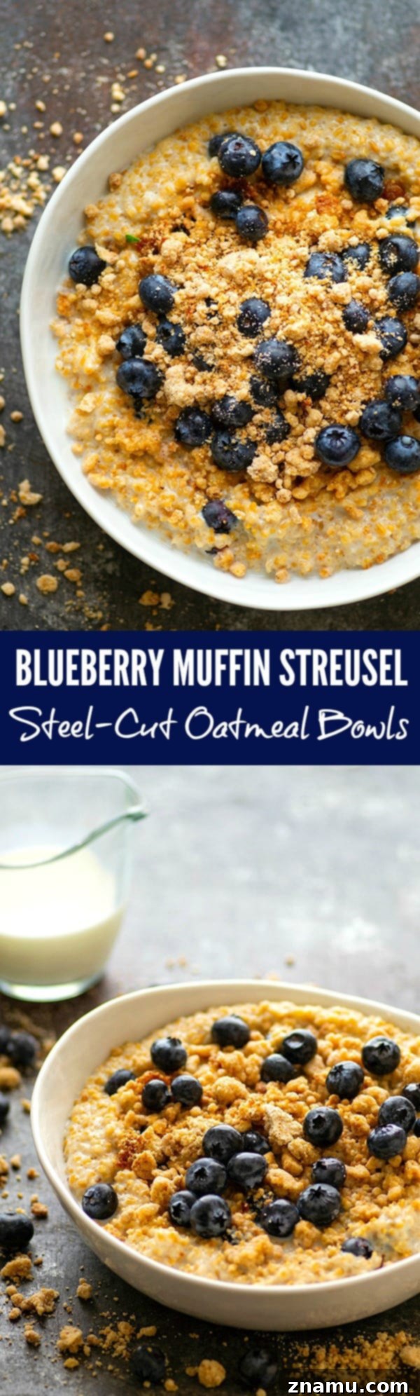 Blueberry Muffin Crumble Steel-Cut Oats 6 Generous serving of Blueberry Muffin Streusel Steel-Cut Oatmeal with a rich topping
