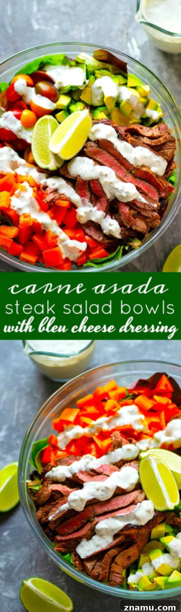 Hearty Carne Asada Bowls with Bold Bleu Cheese 6 Carne Asada Steak Salad Bowls with Bleu Cheese Dressing ready to be served, emphasizing the fresh, vibrant ingredients and the appealing presentation.