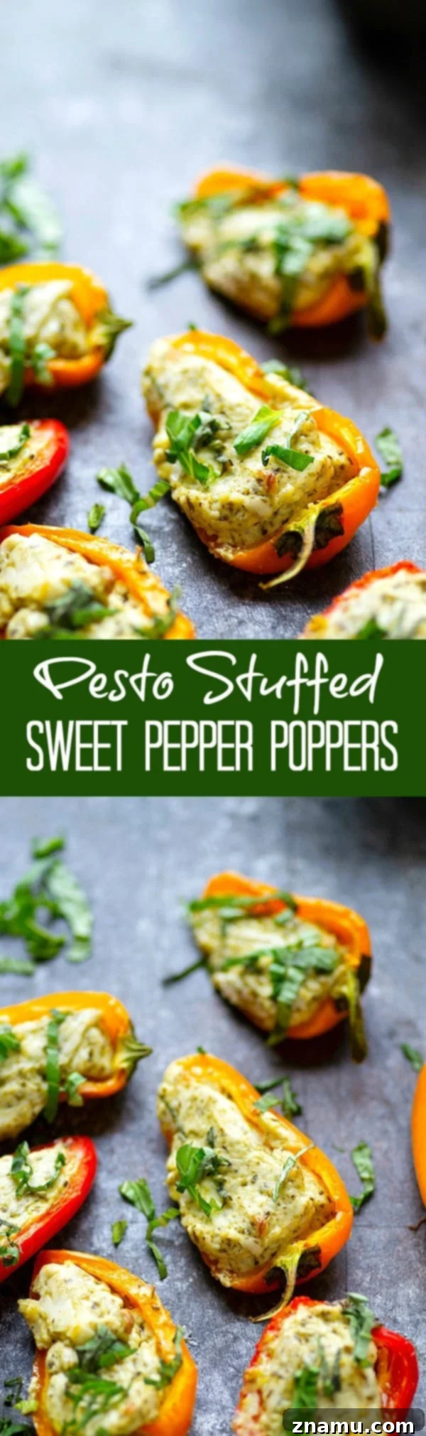 Mini Pesto Sweet Pepper Poppers 6 Pesto Stuffed Sweet Pepper Poppers - Stuffed with a super flavorful creamy pesto filling, these pesto stuffed sweet pepper poppers are SUPER addicting and the perfect little party app!