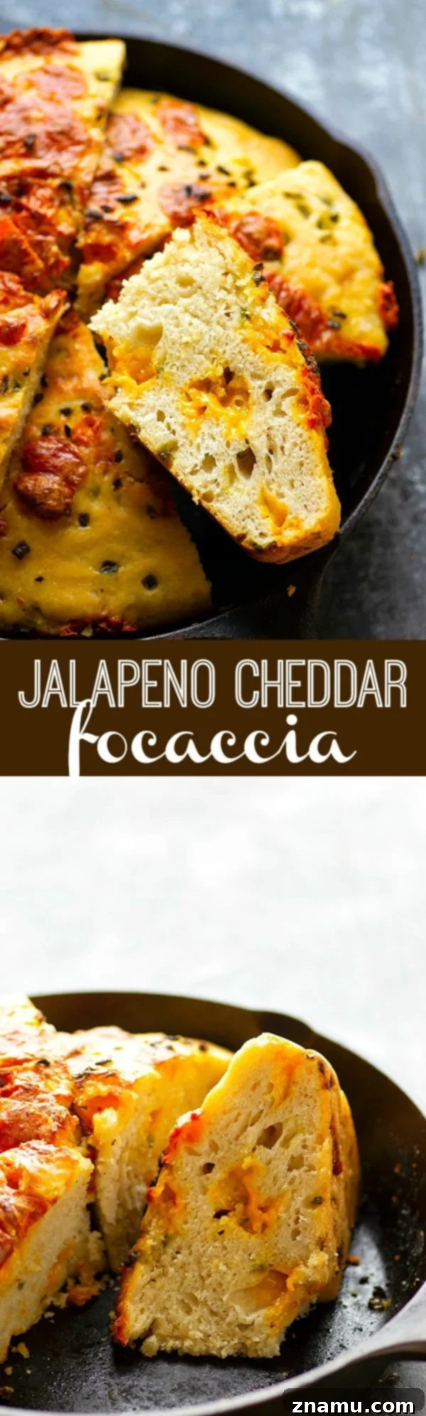 A large round of golden-brown Jalapeno Cheddar Focaccia, ready to be sliced and served