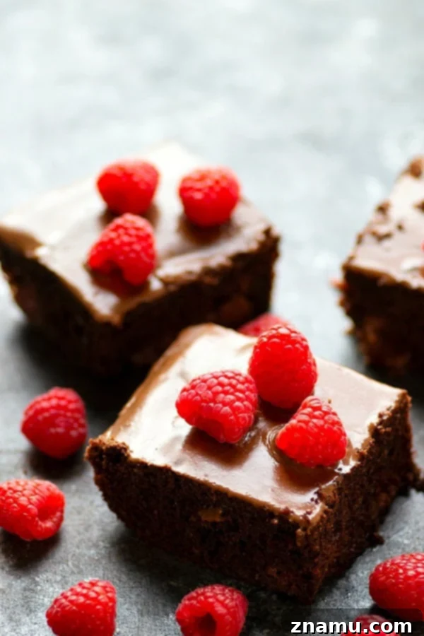 Decadent Dark Chocolate Raspberry Bake 4 Up-close view of Dark Chocolate Raspberry Sheet Cake with Raspberry Burst