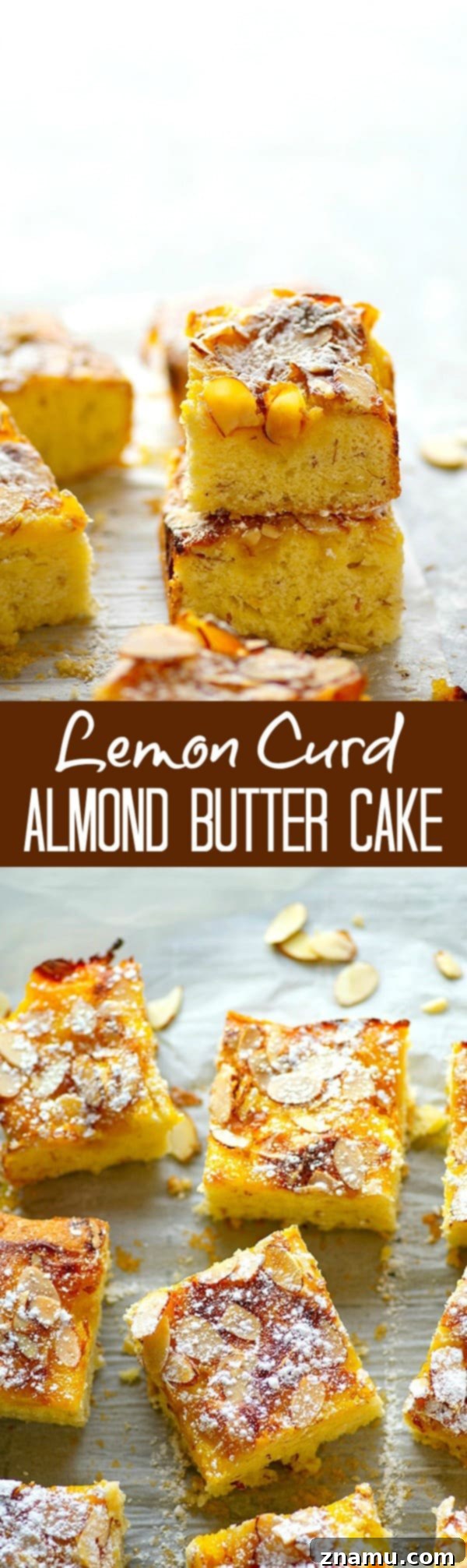 Lemon Curd Almond Butter Cake 6 A vibrant close-up of the Lemon Curd Almond Butter Cake, highlighting the glistening lemon curd and crunchy toasted almonds, ready to be enjoyed.