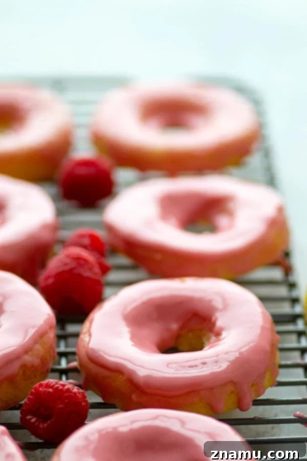 Zesty Lemon Sour Cream Doughnuts with Raspberry Glaze 3 Close-up of a perfectly baked and glazed lemon donut, showcasing its soft texture and natural pink hue.