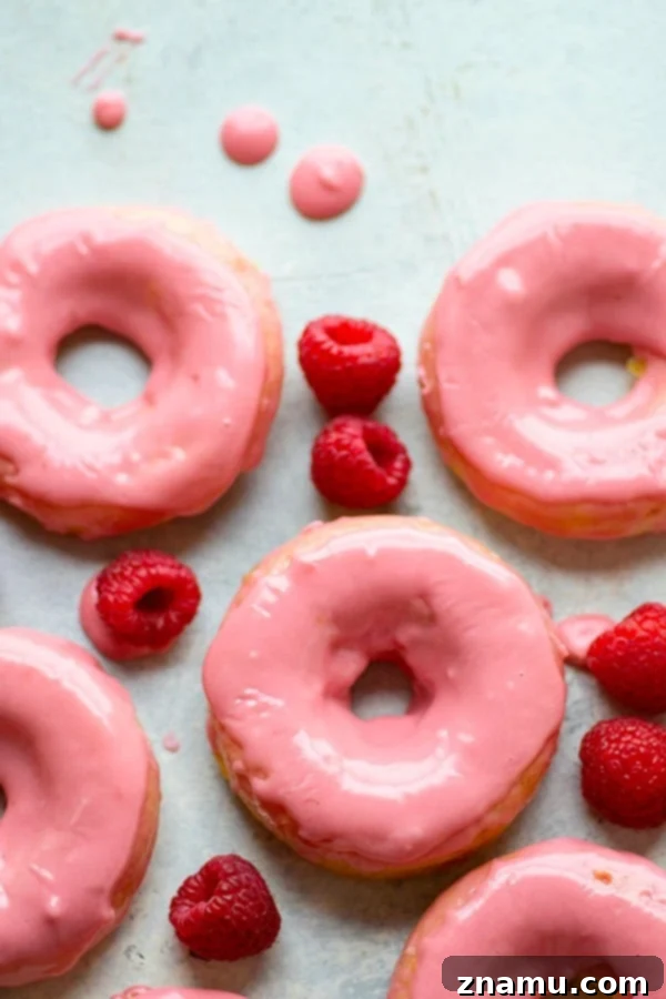 Zesty Lemon Sour Cream Doughnuts with Raspberry Glaze 4 Several raspberry-glazed lemon sour cream donuts arranged on a cooling rack, ready to be enjoyed.