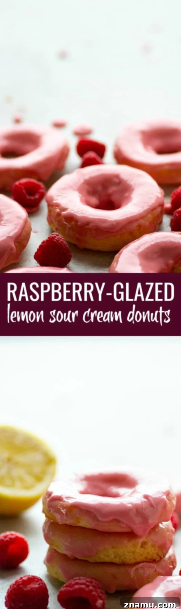 Zesty Lemon Sour Cream Doughnuts with Raspberry Glaze 6 A stack of raspberry-glazed lemon sour cream donuts, highlighting the perfect glaze drip and tempting texture.