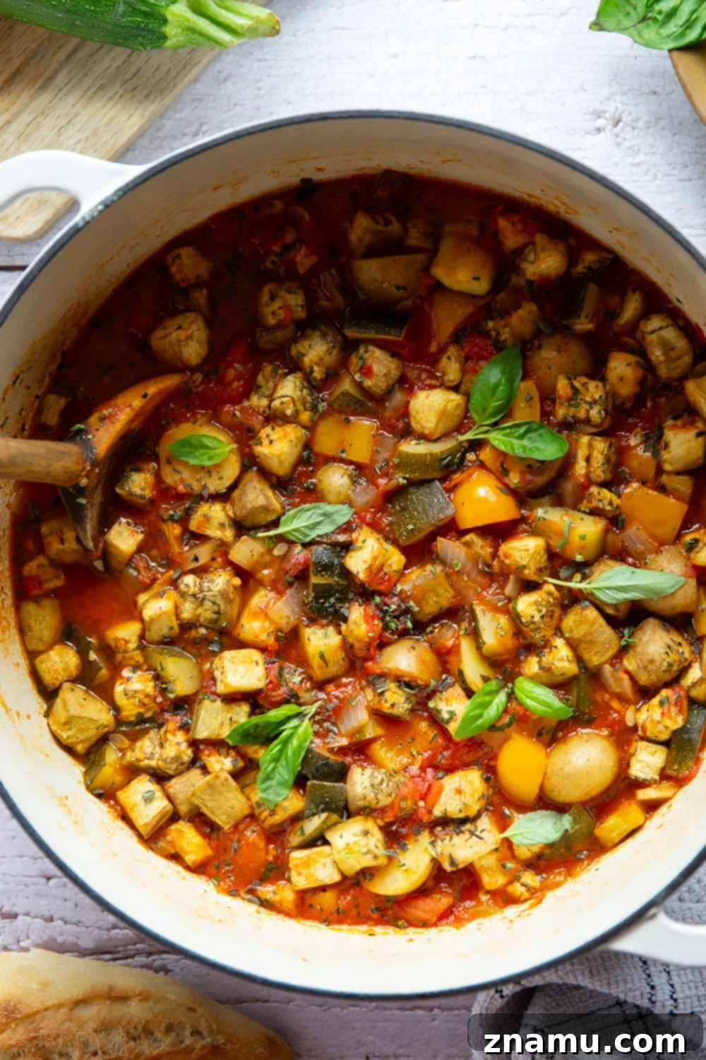 Ciambotta The Italian Ratatouille 4 A serving of Italian Ratatouille (Ciambotta) garnished with fresh basil.