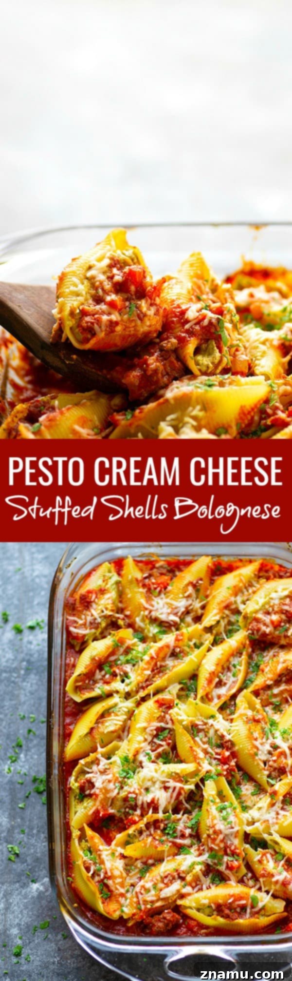Decadent Pesto Cream Cheese Stuffed Shells Bolognese 6 Pesto Cream Cheese Stuffed Shells Bolognese - Stuffed with a rich pesto cream cheese and baked in a flavorful homemade bolognese sauce, this cream cheese stuffed shells bolognese tastes like authentic Italian food, only made SUPER fast and easy!