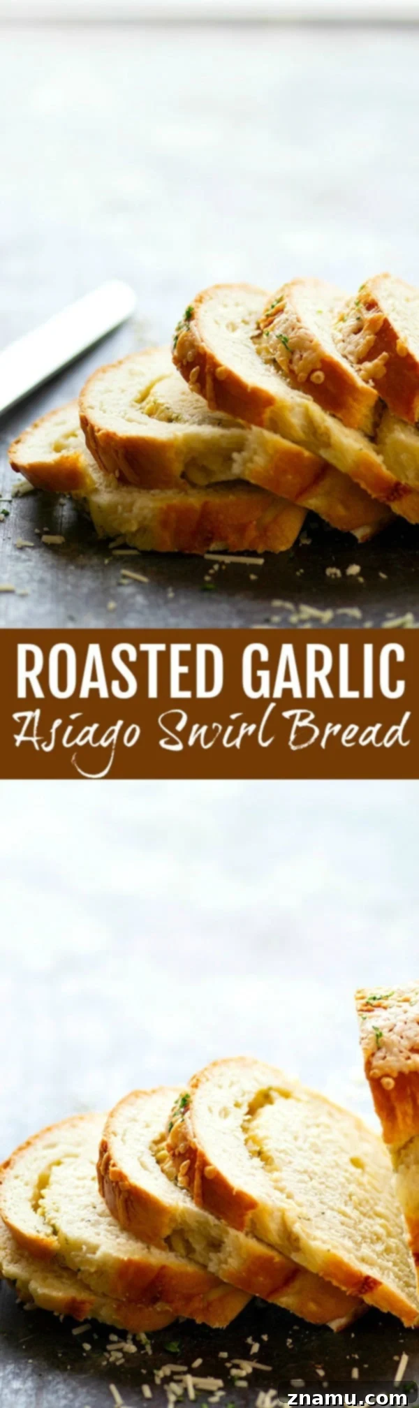 Roasted Garlic Asiago Twisted Loaf 6 Roasted Garlic Asiago Swirl Bread - Flavorful roasted garlic and sharp Asiago cheese are swirled into this incredibly soft and tender yeast bread.