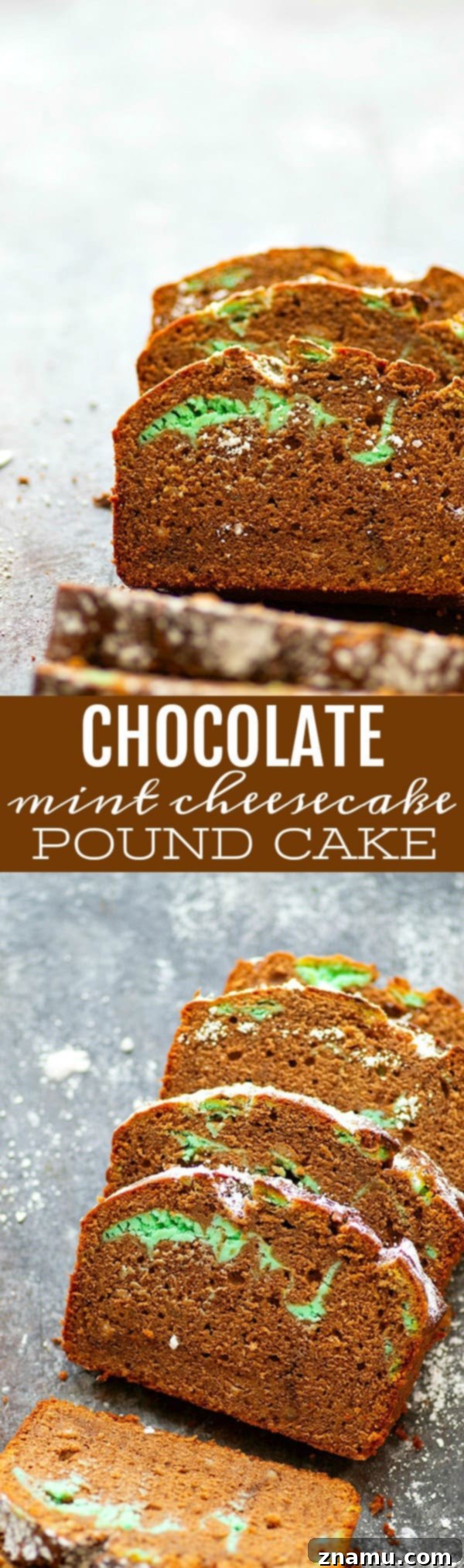 Chocolate Mint Cheesecake Pound Bliss 6 Large image of Chocolate Mint Cheesecake Pound Cake with powdered sugar