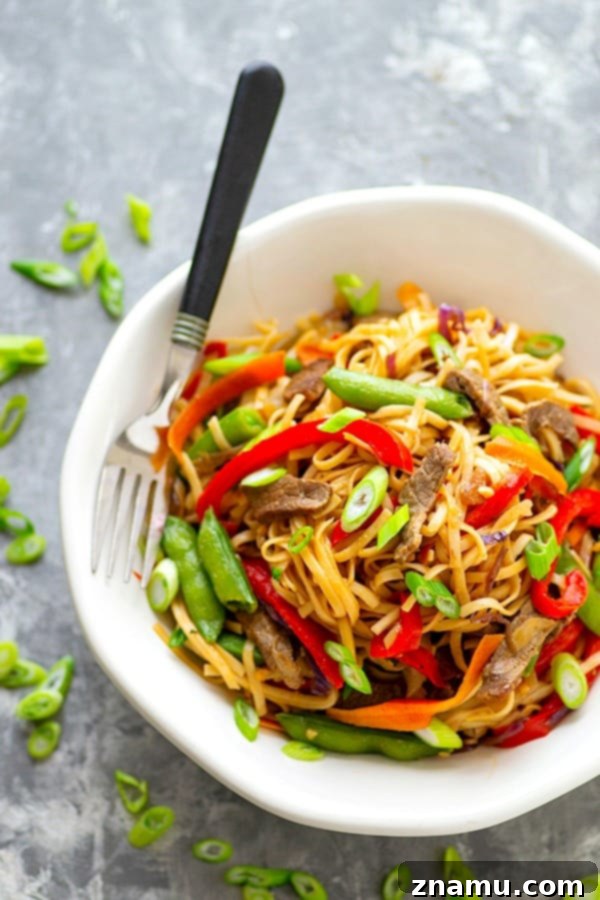 Garlic Sweet Pepper Steak Lo Mein - Juicy steak strips, a rainbow of fresh veggies, and tender lo mein noodles collide in this weeknight-friendly steak lo mein.