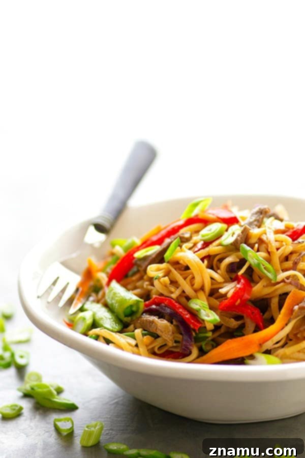 Garlic Sweet Pepper Steak Lo Mein - Juicy steak strips, a rainbow of fresh veggies, and tender lo mein noodles collide in this weeknight-friendly steak lo mein.