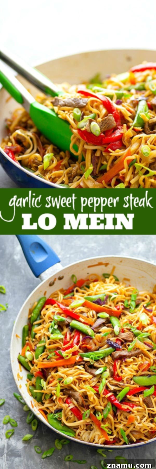 Garlic Sweet Pepper Steak Lo Mein - Juicy steak strips, a rainbow of fresh veggies, and tender lo mein noodles collide in this weeknight-friendly steak lo mein.