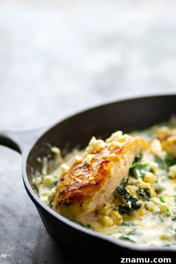 Creamy Spinach Feta Stuffed Skillet Chicken 2 Stuffed with a flavorful spinach feta filling and smothered in a creamy spinach sauce, these spinach feta stuffed chicken breasts look like fancy dinner food, but they are ready in under an hour with minimal ingredients!