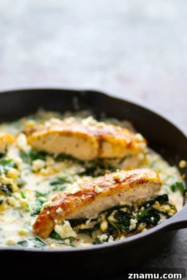 Creamy Spinach Feta Stuffed Skillet Chicken 4 Close-up shot of a perfectly seared spinach feta stuffed chicken breast, showcasing the golden-brown exterior and the creamy filling, with a generous drizzle of the accompanying spinach sauce.