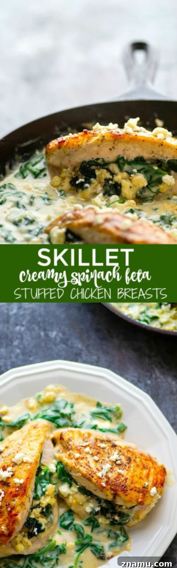 Creamy Spinach Feta Stuffed Skillet Chicken 6 Overhead view of a cooked spinach feta stuffed chicken breast, sliced open to reveal the vibrant green filling, served alongside a bowl of the creamy spinach sauce and fresh herbs, ready to be enjoyed.